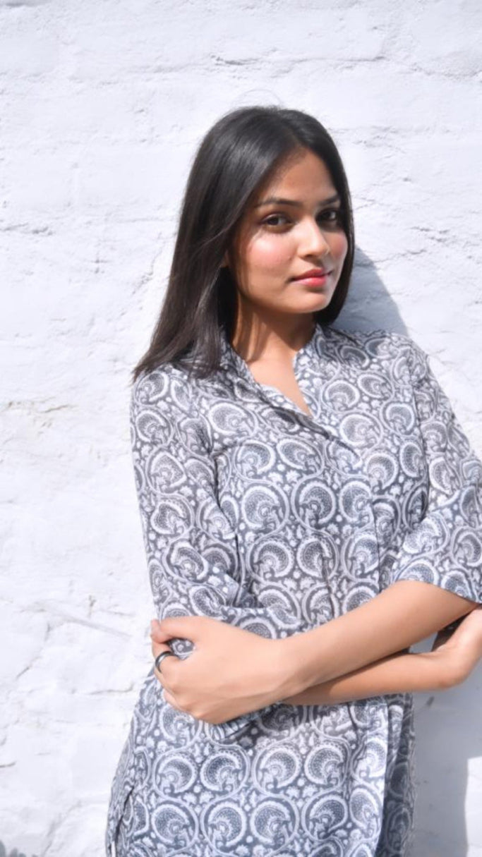 Grey Floral Co-ord Set Jaipuri Handblock view 2