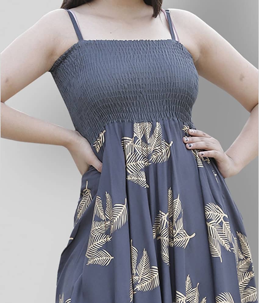 ZAMAISHA Women Rayon Printed Asymmetric Dress ( Dark Grey ) view 2