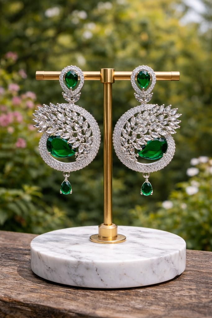 ✨ Green American Diamond Statement Earrings for Women – Party Wear Drop Earrings ✨ view 2