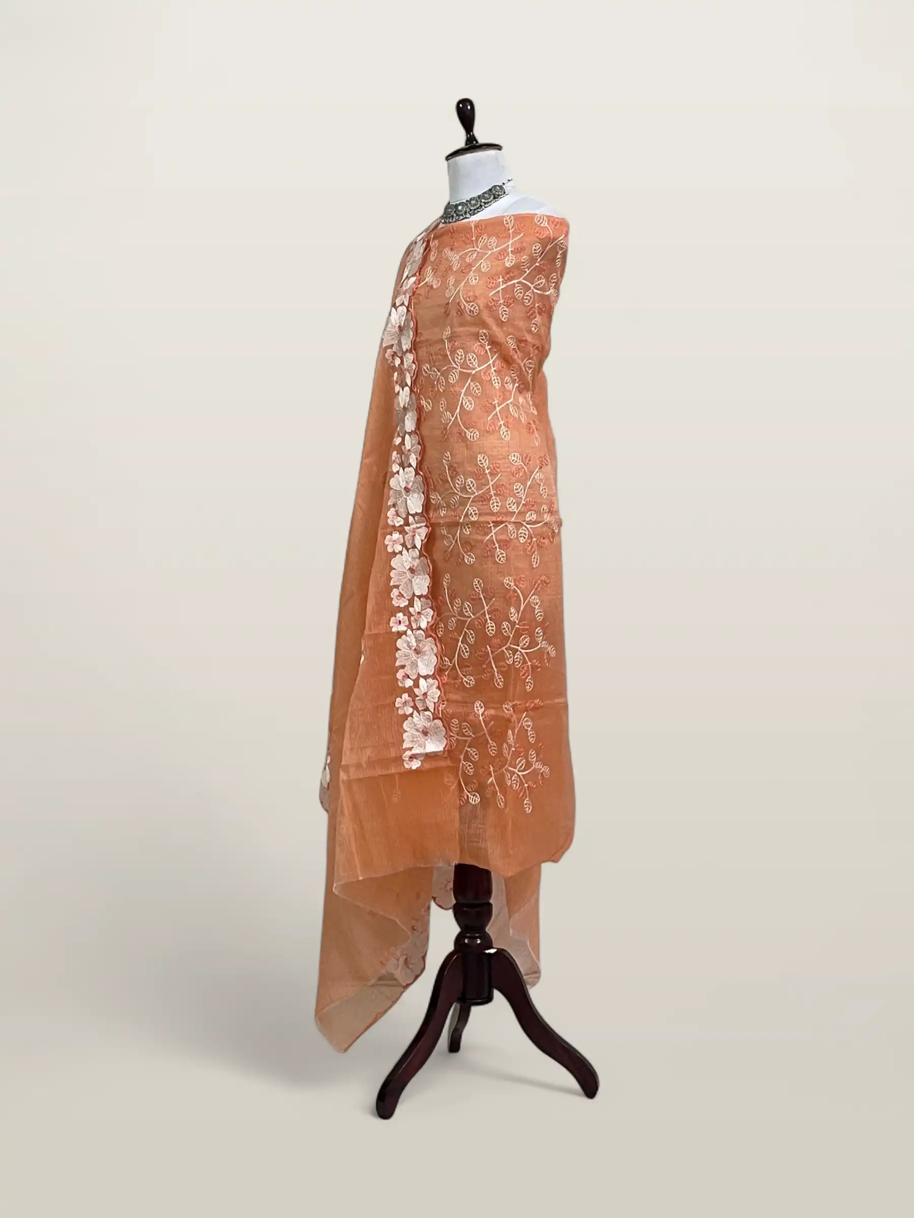Kota Doria Dress Material Orange Peach Floral Jaal view 2