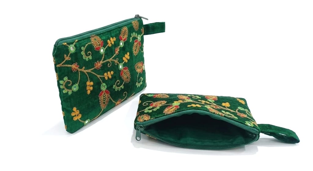 Emerald Green Embroidered Silk Pouch view 2