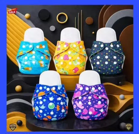 Leakproof Printed Baby Cloth Diapers Adjustable Soft Reusable Washable Comfortable Skin Friendly Pack of 5