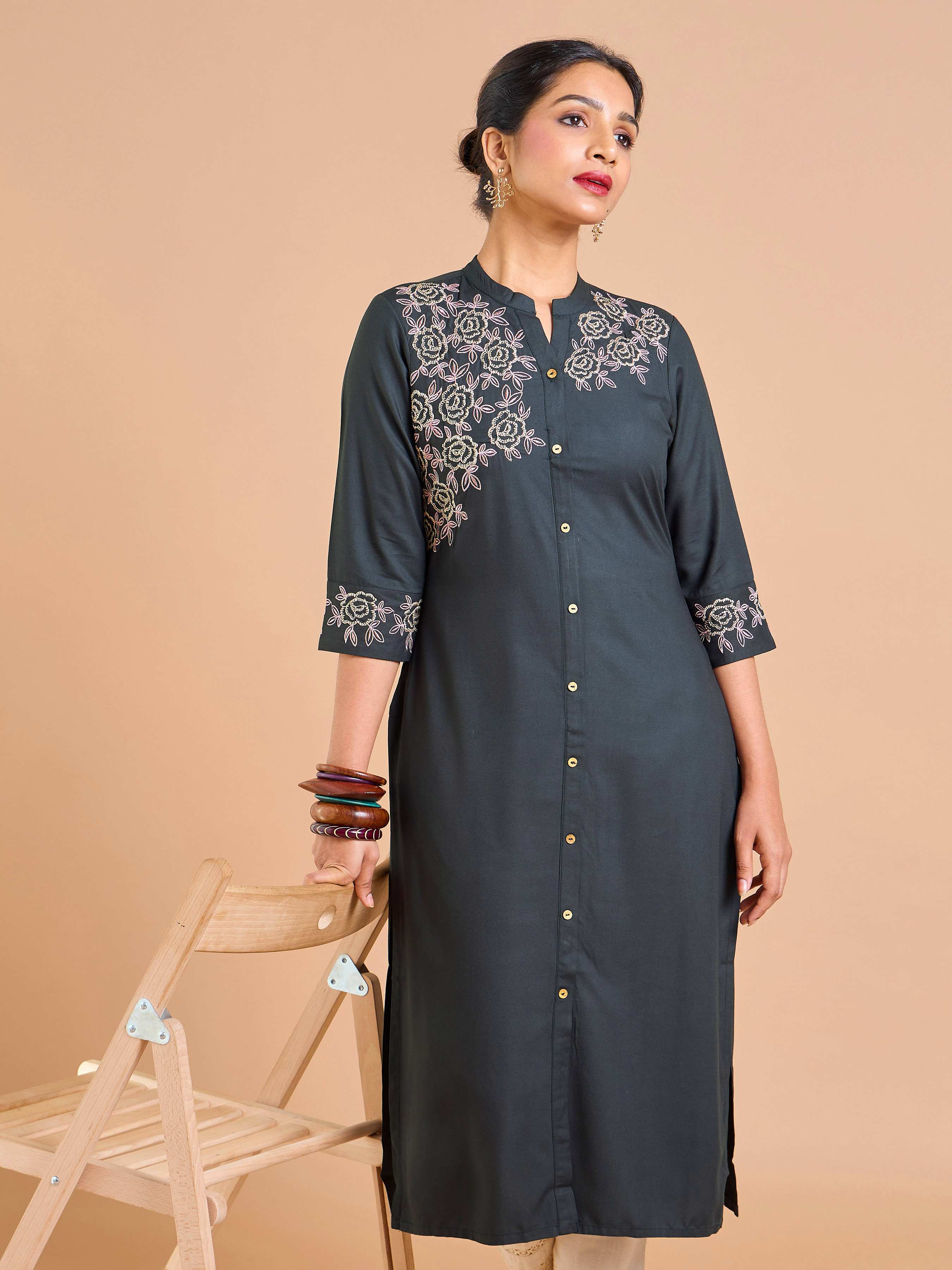 Dark Grey Viscose Plain Kurti With Embroidery view 2