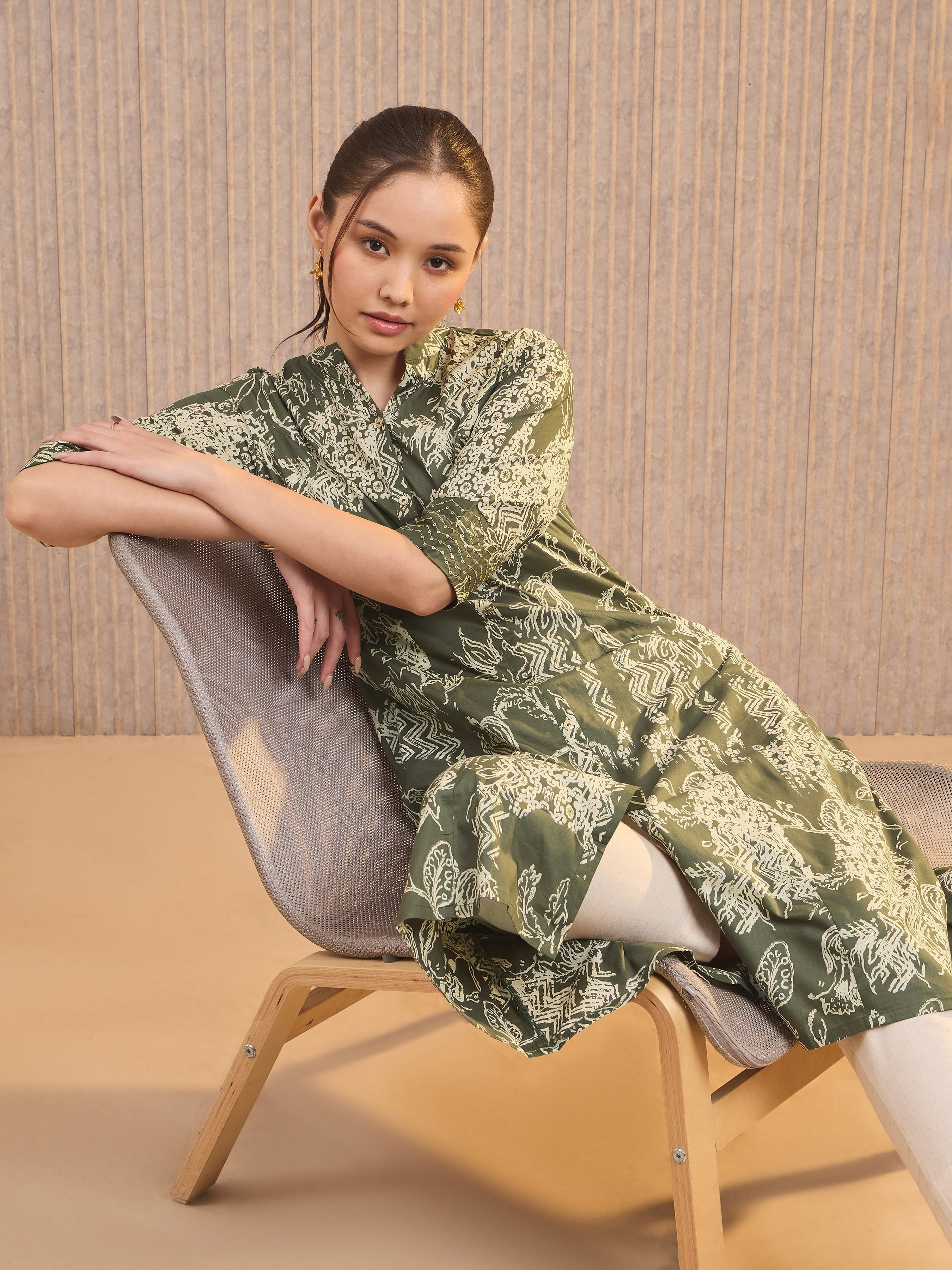 Olive Green Pure Cotton Foil Printed Kuti With Sequins Embroidery view 2