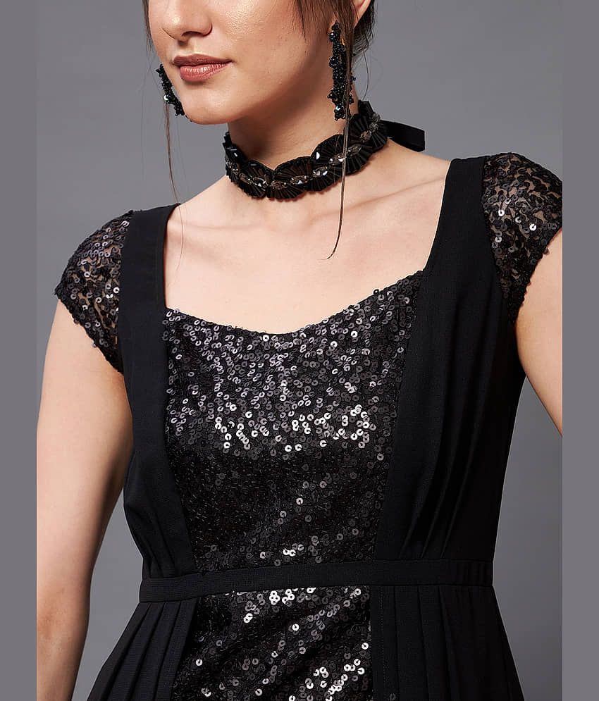 Miss Chase Women Georgette Embellished Fit & Flare Dress ( Black ) view 2