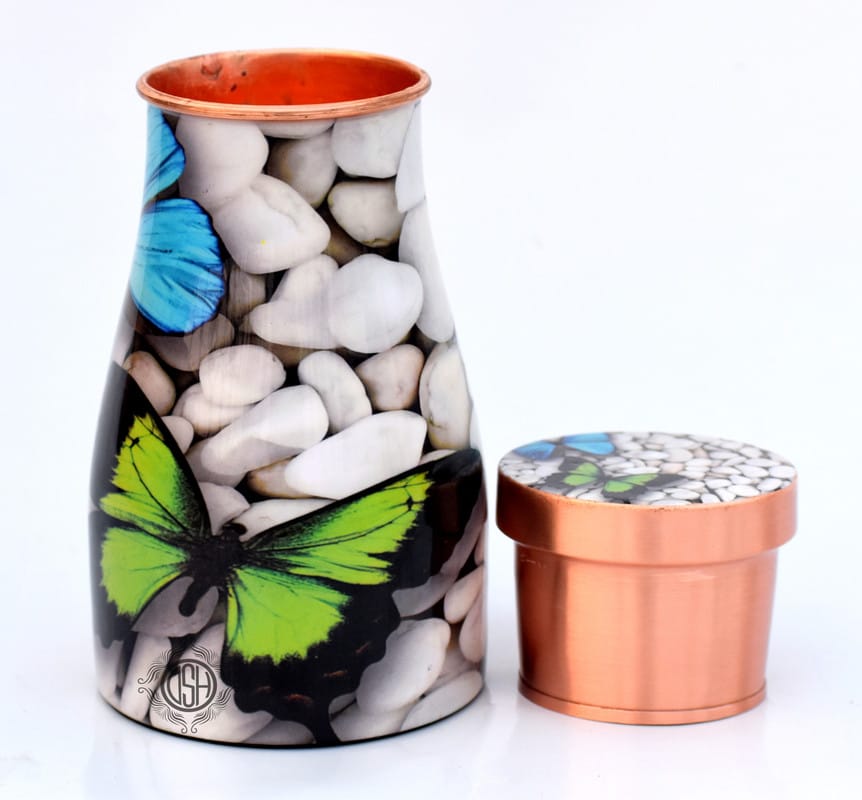 Copper Bedroom Bottle Printed Jug with Inbuilt Glass, Bedside Jar Pot, Joint Free Pure Copper, Designer Printed,(950 ML) view 2