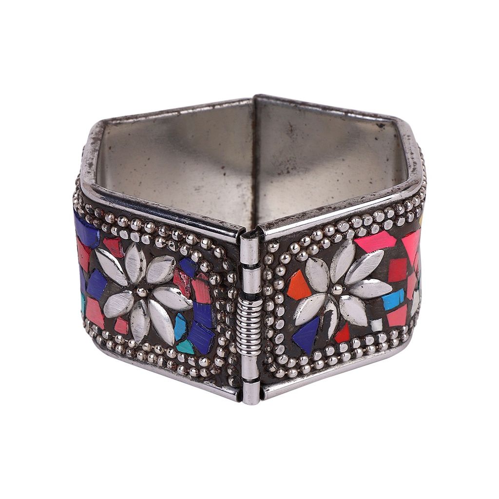 Oxidized Silver Color Multicolor Minakari Adjustable Stone Bracelet view 2