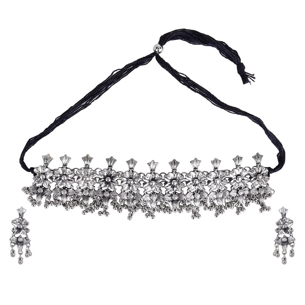 Cardinal Oxidized Silver Color Choker Necklace Set view 2