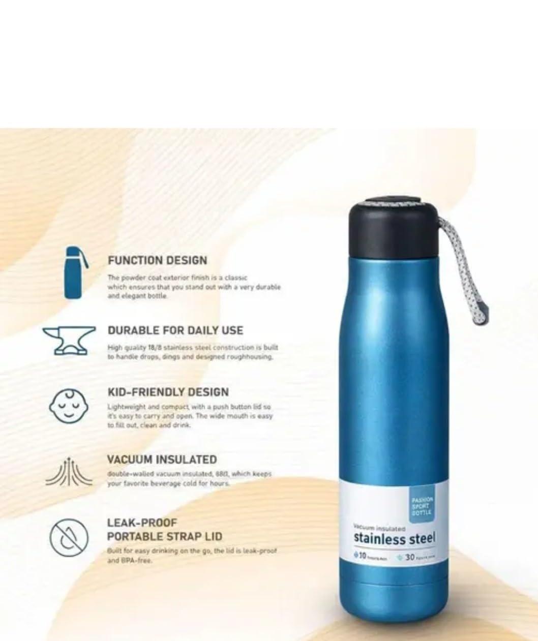 Vacuum Insulated Stainless Steel Water Bottle, 550ml, Leak-Proof Lid with Braided Rope Handle, Hot & Cold, Thermos view 2