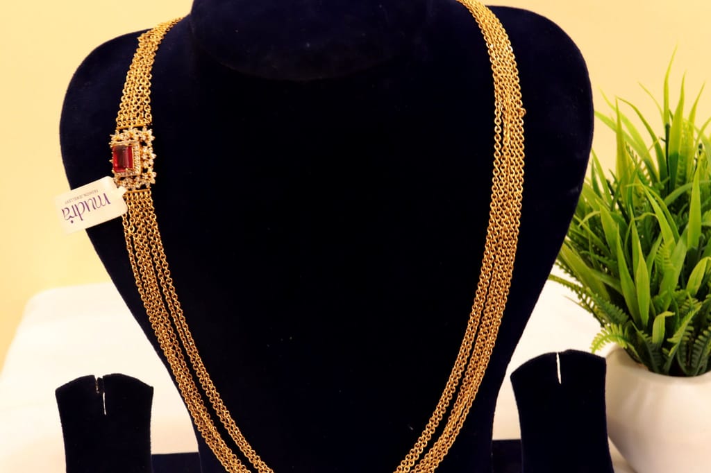 Bridal Gold Plated Long Necklace Set with Ruby Stones view 2