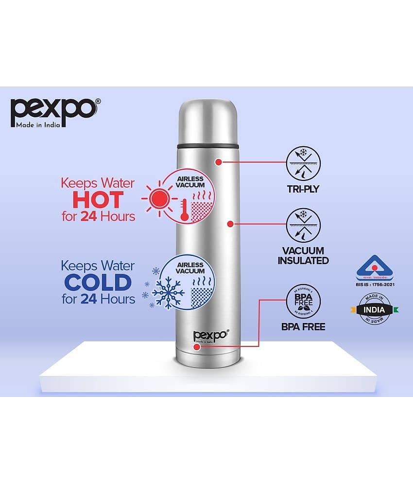 Pexpo 500ml 24 Hrs Hot and Cold ISI Certified Flask with Jute-bag, Flamingo Vacuum insulated Bottle (Pack of 2, Silver) view 2