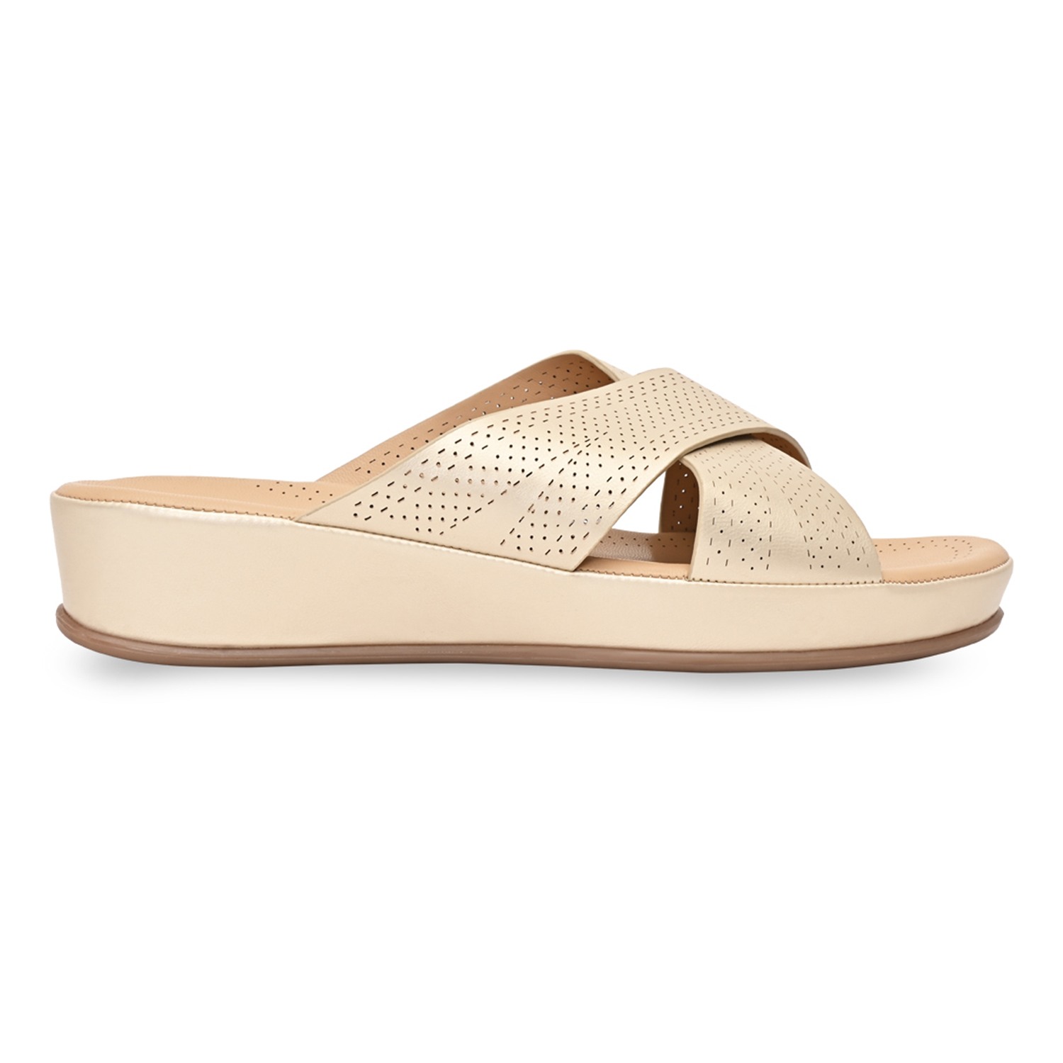 Gold Women Comfort Laser Cut Cross Strap Flats view 2