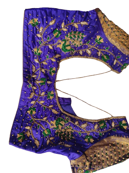 Peacock Embroidered Purple Silk Blouse With Zari Work view 2