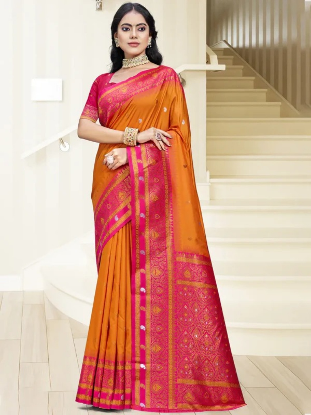 Orange Silk Saree view 2