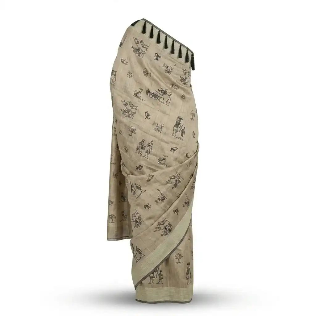 Sambalpuri Beige Folk Heritage Ikat Handloom Saree view 2
