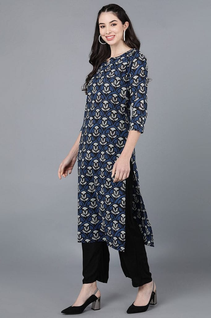 Navy Blue Cotton Blend Straight Kurta VCK8576 view 2