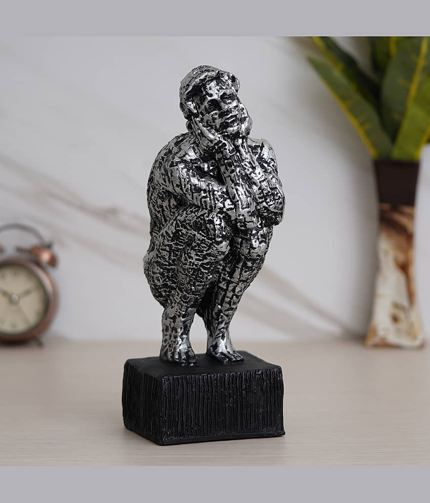 eCraftIndia Silver-Toned Textured Man Sitting & Thinking Human Figurine Showpieces view 2