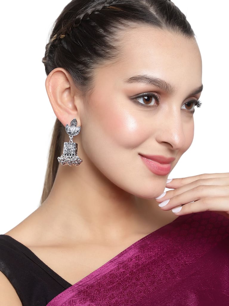Cardinal Oxidized Silver Color Light Weight Jhumki Earrings view 2