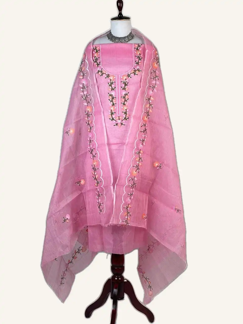 Kota Doria Dress Material Rose Pink Floral Yoke view 2