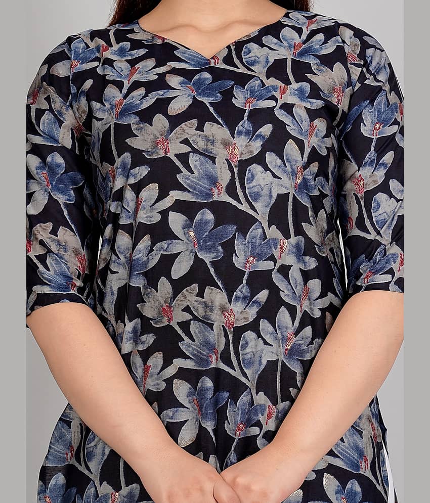 Hetsa Pack of 1 Chanderi Printed Straight Women's Kurti - ( Blue ) view 2