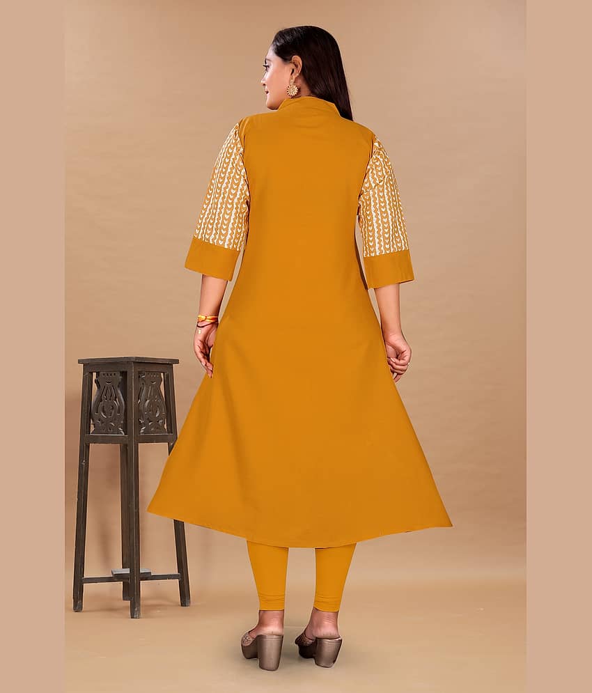 RIAANA Women Cotton Blend Printed Front Slit Kurti ( Mustard ) view 2