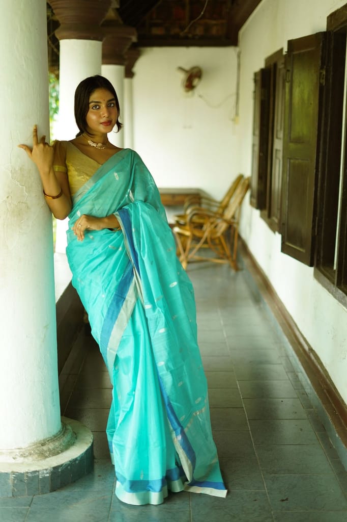 Utsav light Blue silk cotton silver Zari Chanderi Saree view 2