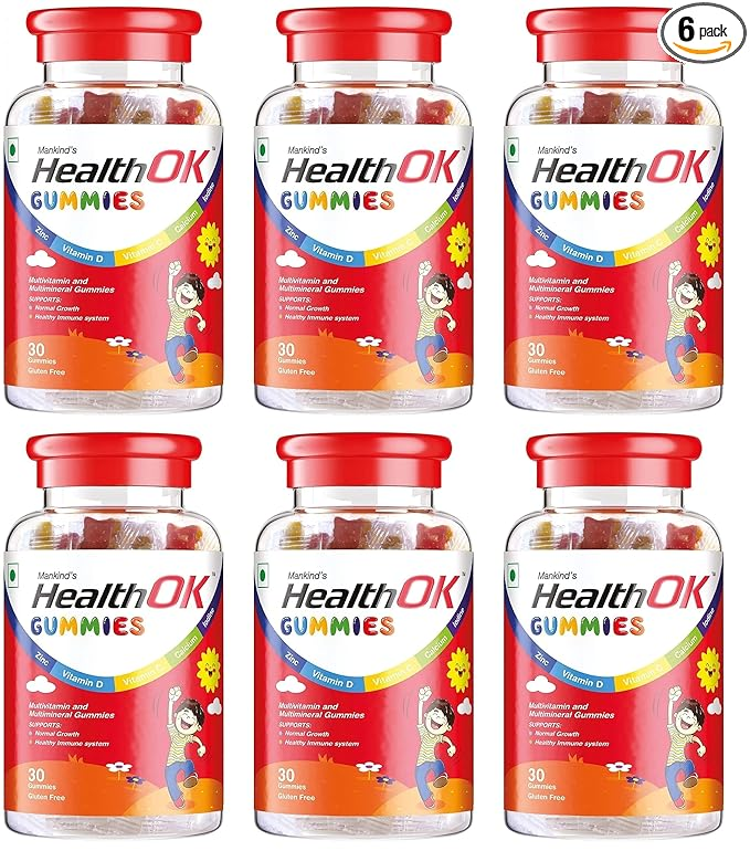 Health Ok Mankind Gummies Multivitamin and Multimineral for Kids Supports Normal Growth Healthy Immune system and Brain Function for 7 -17-year-old Bottle of 30 Gummies x Pack of 6