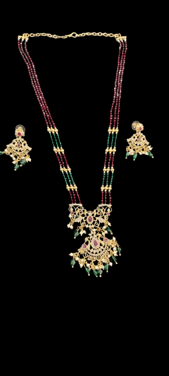 Gold-plated traditional necklace set with maroon beads view 2