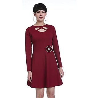 Miss Chase Womens Maroon Solid Full Sleeve Round Cut-Out Neck Mini Skater Dress view 2
