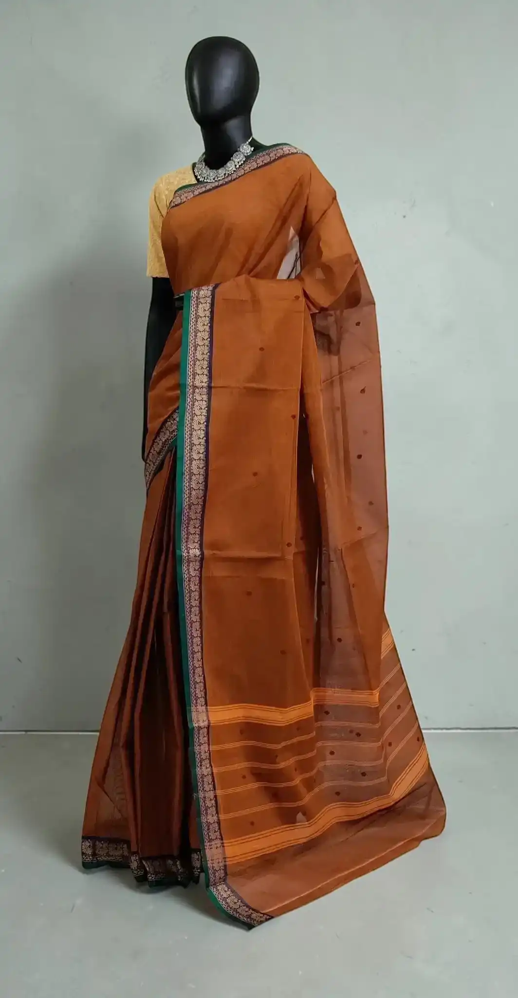 Handwoven Kanchipuram Cotton-Silk Saree in Rust Brown with Golden Border view 2