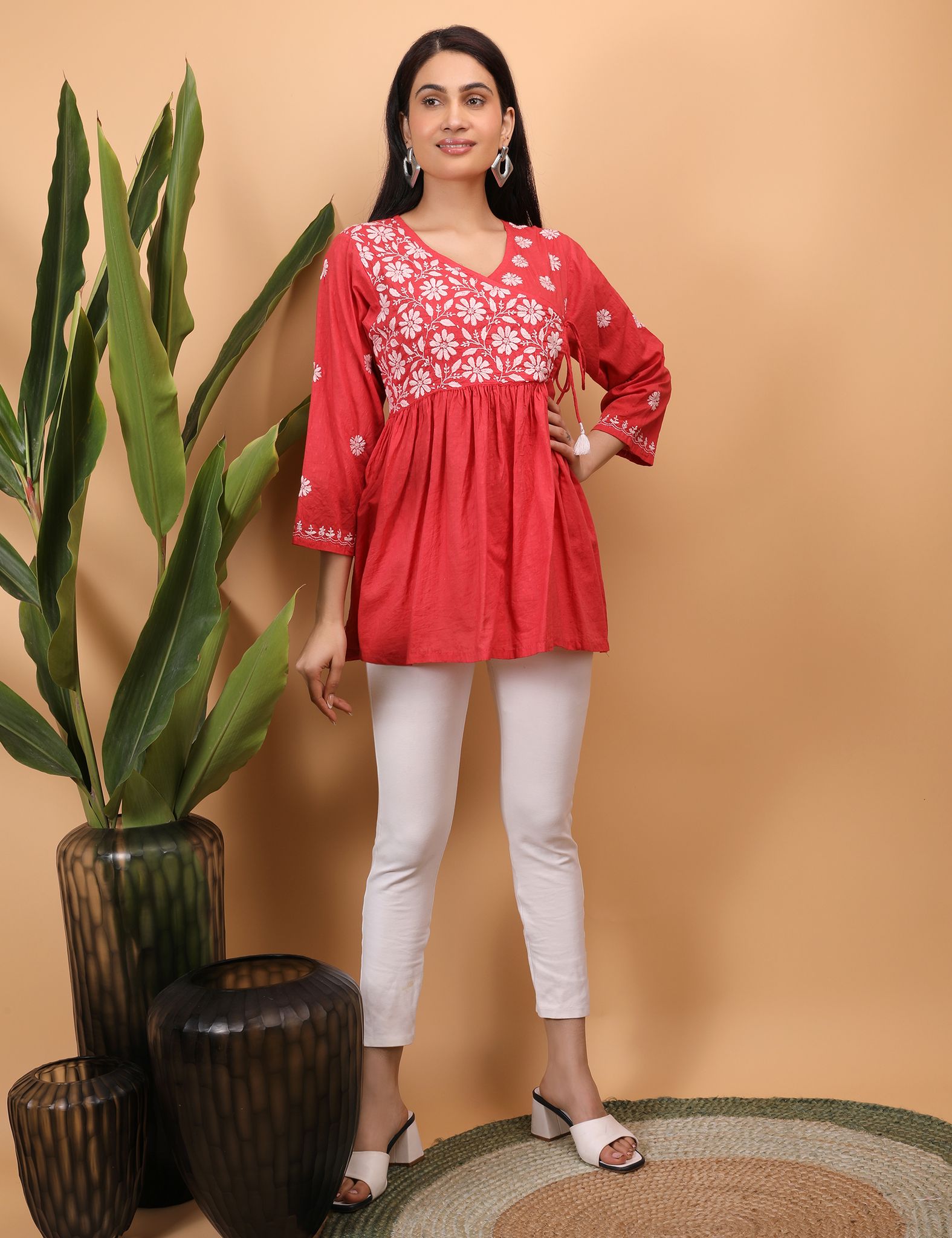 Shwet Women Red Chikankari Angarkha Top view 2