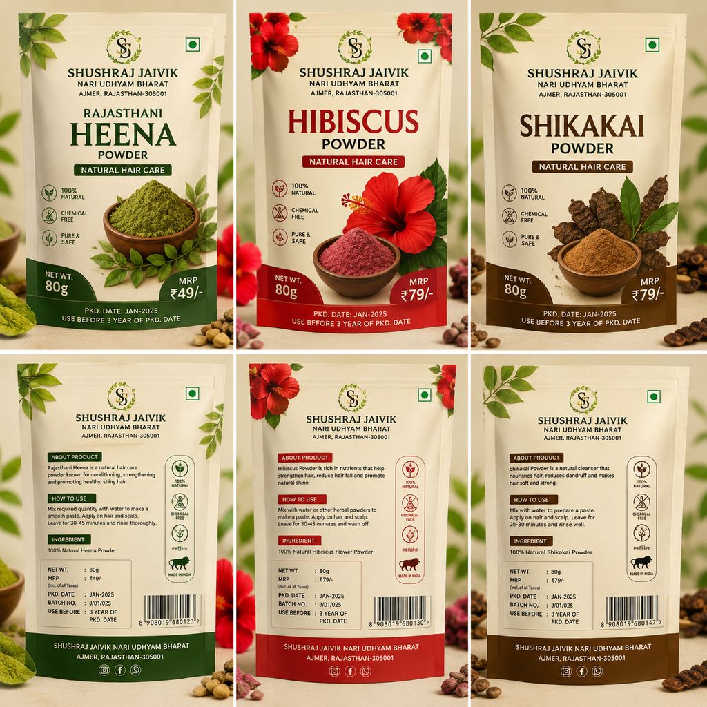 SHUSHRAJ JAIVIK Rajasthani Heena, Hibiscus & Shikakai Powder Combo | 80g Each | Natural Herbal Hair Care view 2