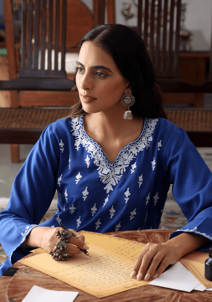 HOC Crafts Aari Embroidered Cotton Solid Women's Long Kurta - Blue view 2