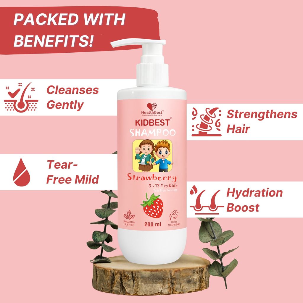 HealthBest Kids Gentle Cleansing Shampoo 200 ml for 3-13 Years with Real Strawberry Extract Almond Oil and Vitamin E Tear-Free Hypoallergenic pH 5.5 Sulphate and Paraben Free Vegan Safe for Sensitive Scalps view 2