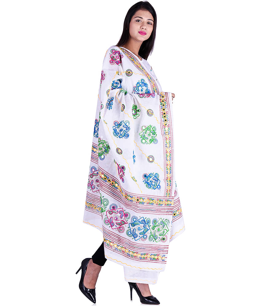 Apratim White Cotton Kutch Embroidered Dupatta - Single view 2