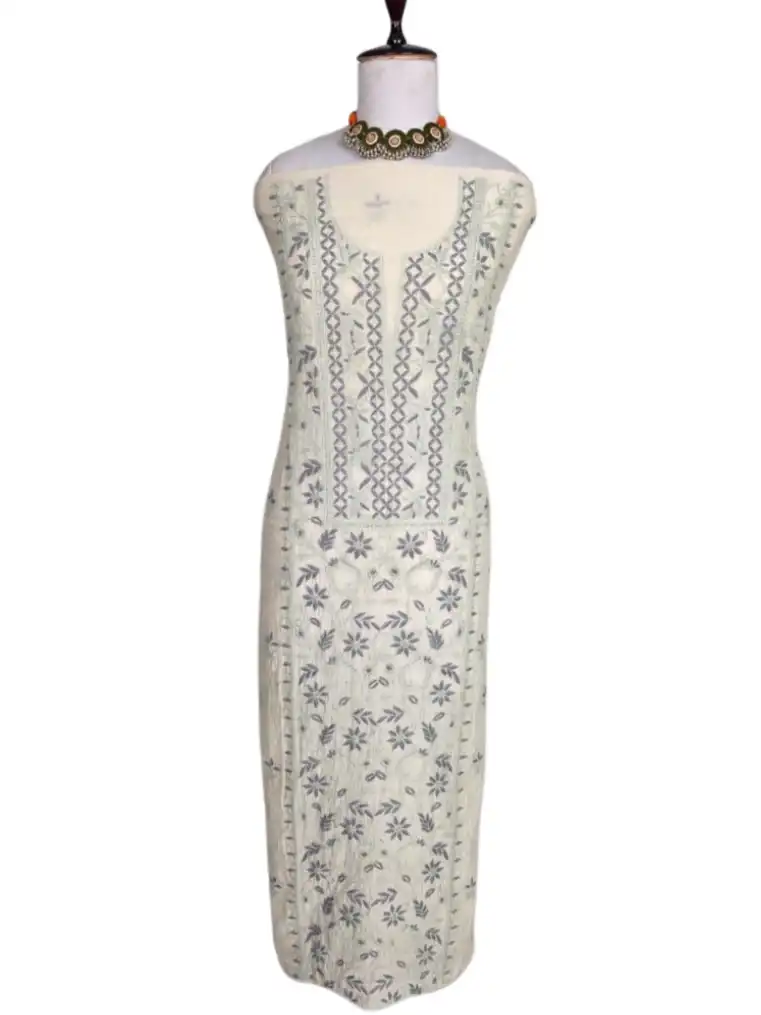 Chikankari Mul Chanderi Dress Material Ivory Blue Green view 2