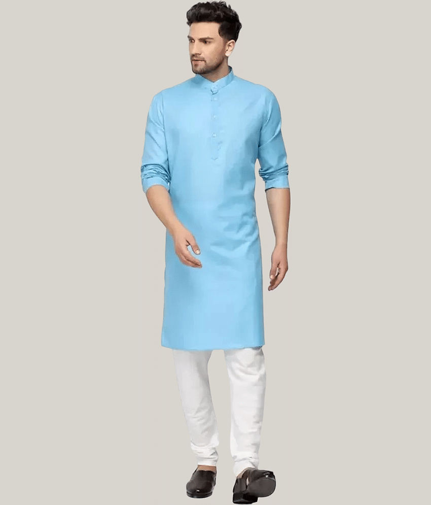 YUG ART Cotton Blend Solid Relaxed Fit Kurta Pyjama Set For Men ( Sky Blue )