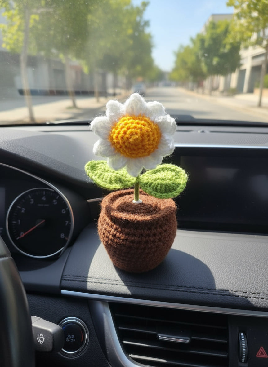Crochet Handmade White Sunflower Pot (1 steam) view 2