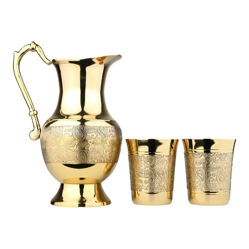 Mughlai Brass Jug with Set of 2 Pure Brass Tumblers Elegant Water Storage Set view 2
