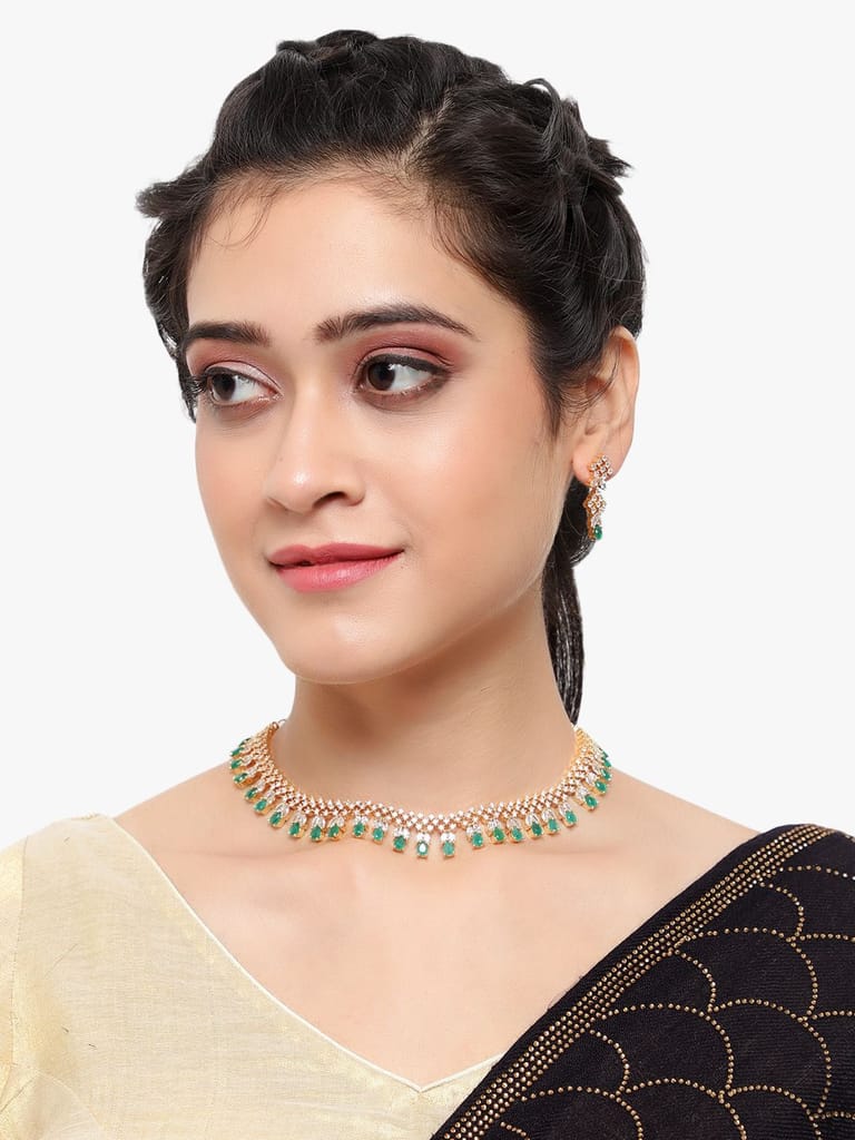 Cardinal Green Color Stone Gold Plated American Diamond Necklace Set view 2