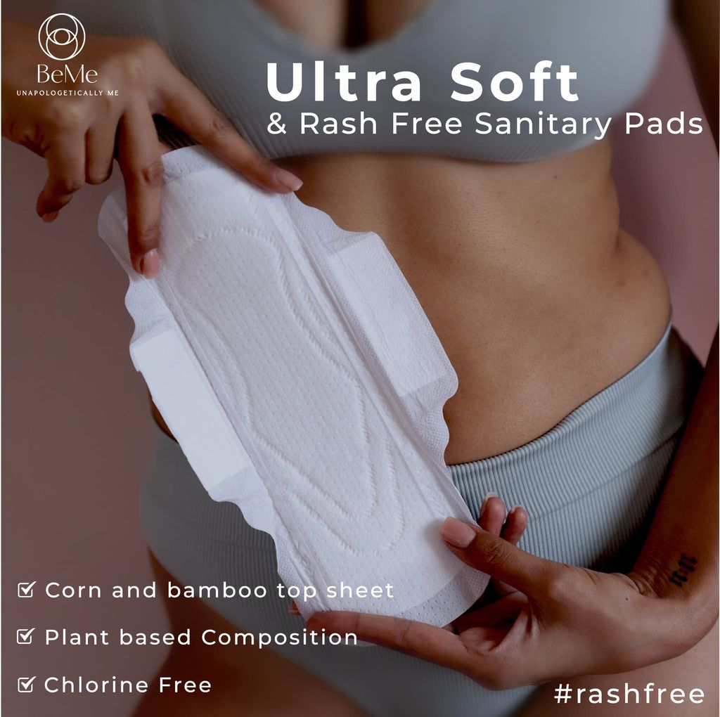 Be Me - Sanitary Pads for Women - Double Wing - For Heavy Flow & Overnight Pad - With Brown Disposal Pouches, Rash Free, Biodegradable, Anti Bacterial Napkin (Extra Large - Pack of 12 Pads) view 2
