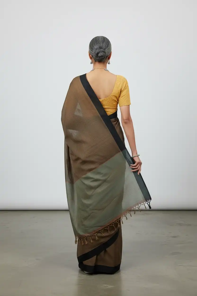 Handwoven Ilkal Cotton Saree in Taupe Brown with Sage Green Pallu view 2