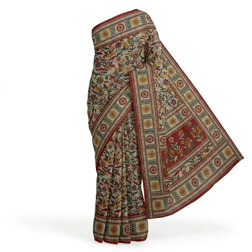 Cream Printed Odisha Handloom Saree | Ethnic Woven Cotton