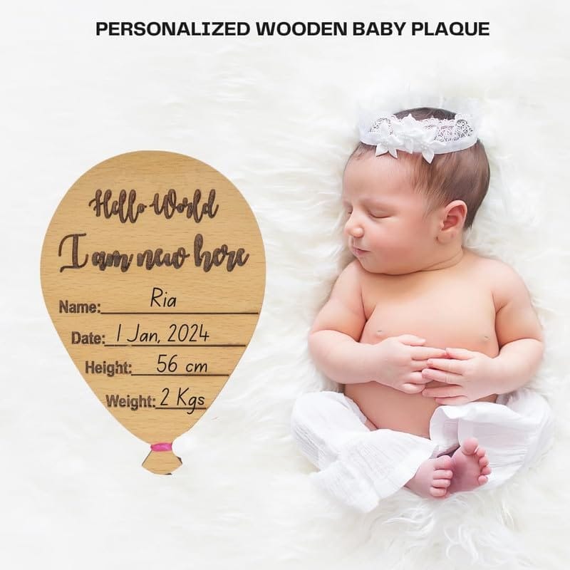 The Baby First Box Wooden Baby Name Announcement Sign, Birth Announcement Sign, Baby Milestone, Baby Phootshoot Prop, Baby Shower Gift, Baby Name Revealing Board - Balloon (Pink) view 2