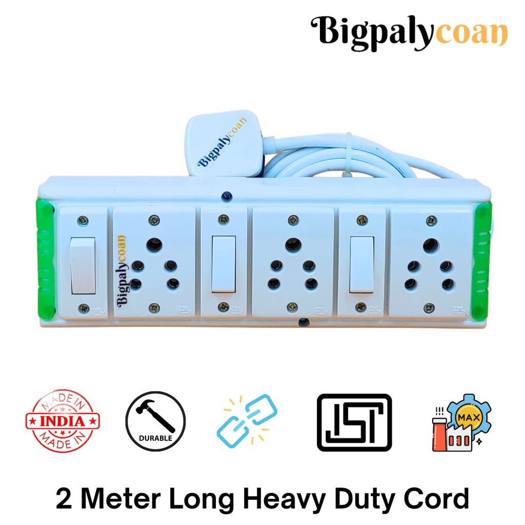 Bigpalycoan 3 Way Electric Extension Board with Individual Switch Heavy Duty 2 metre Cord (Max. Rating 1200W- 230V) PVC Green-White view 2
