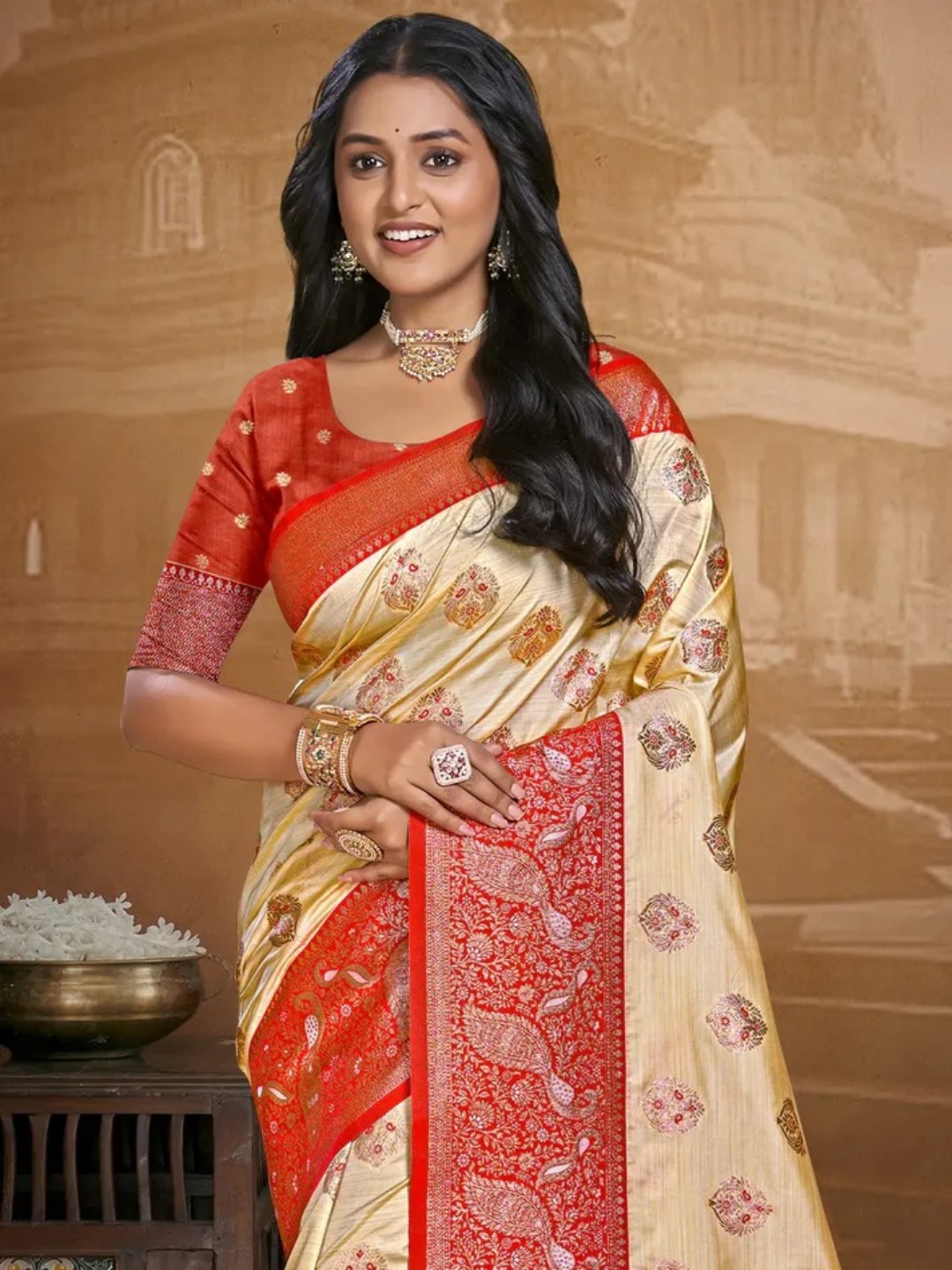 Beige Silk Saree view 2