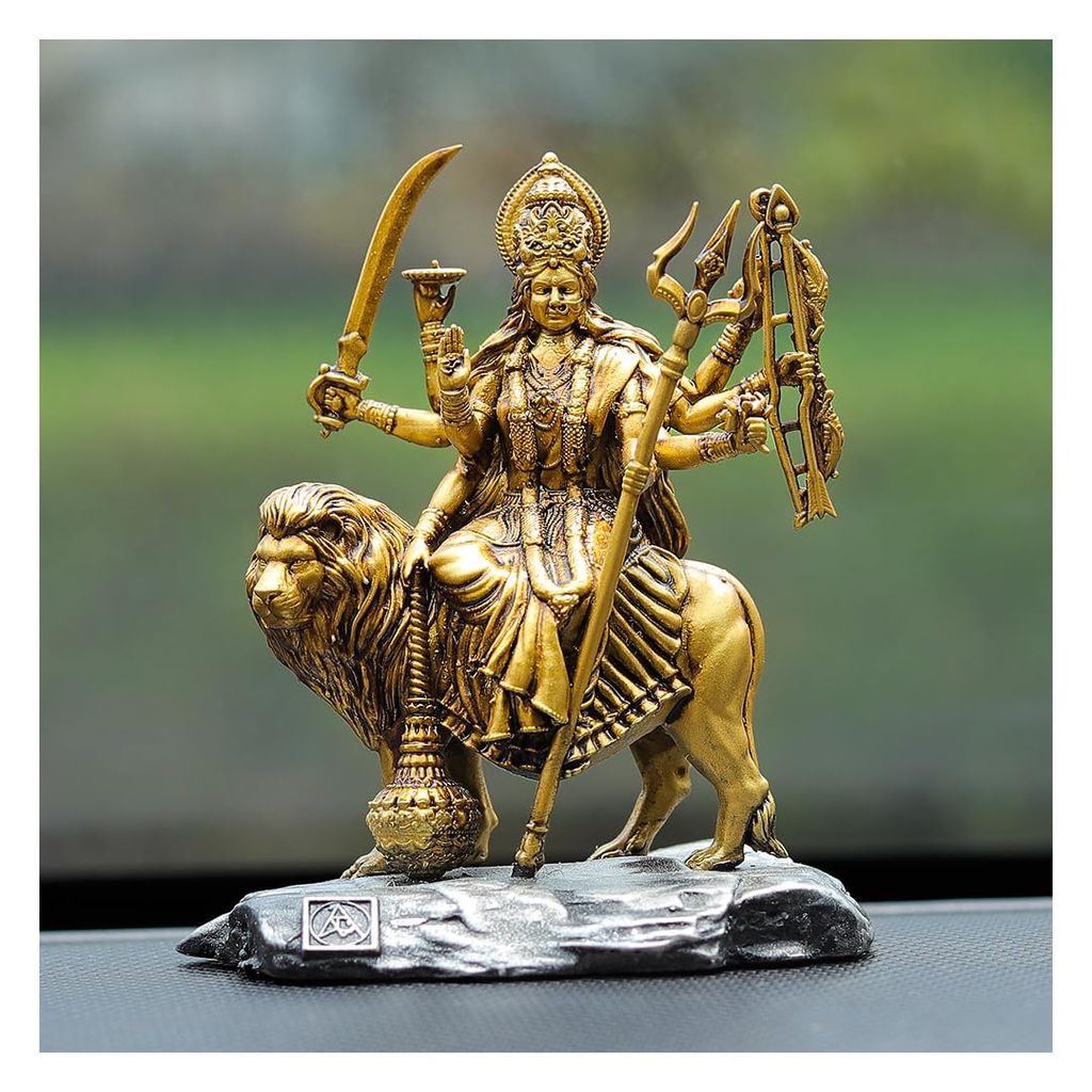 Artarium Shri Durga MATA Murti Ambe Maa Bhavnani Statue Shri Vaishno Devi Sherawali MATA Idol Goddess Durga Fengshui Maa Durga Idol Sitting On Lion for Car Dashboard (Durga MATA 3.9 Inch) view 2