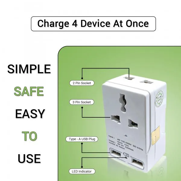 Spike 2+2 Mulktipurpose Conversion Plug | 10 Amp Socket With USB port | Heavy Duty Multi Plug Extension Cord for Office, Home view 2