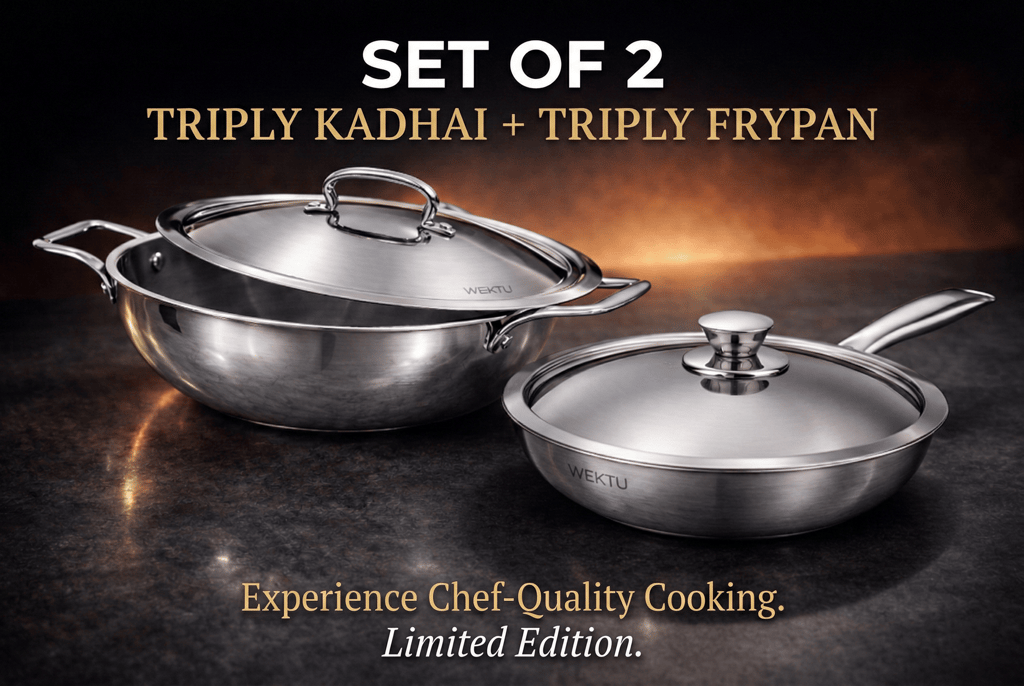 WEKTU Tri-Ply Stainless Steel Cookware Set (Set of 2: Kadhai and Frypan with Lids) view 2