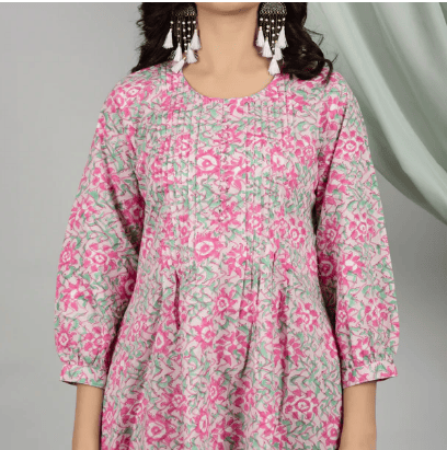 PINK-GREEN HAND BLOCK PRINTED PURE COTTON CO-ORDS, SET OF 2 view 2